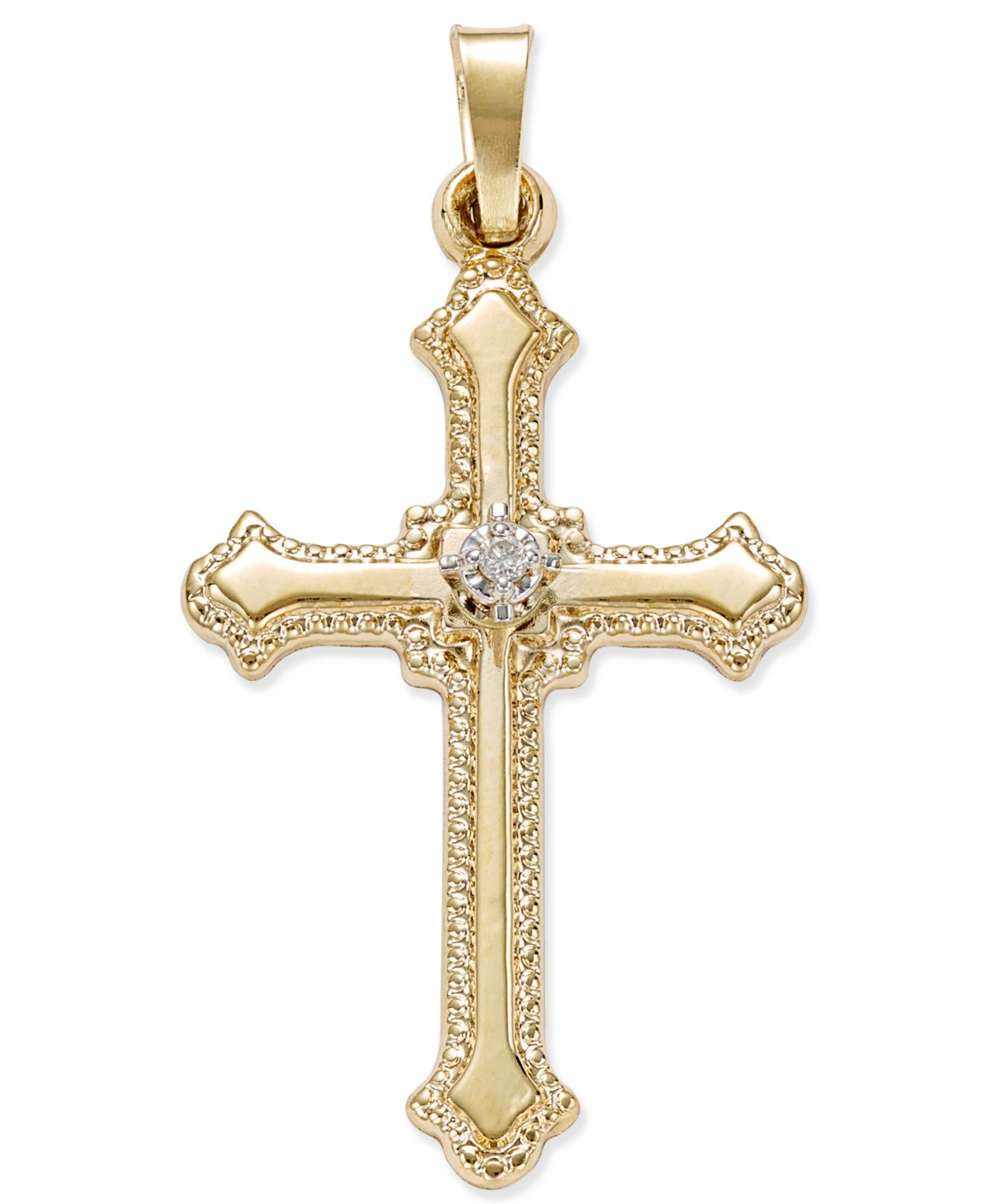 Macy's Diamond Accent Beadededge Cross Pendant In 14k Gold in Metallic